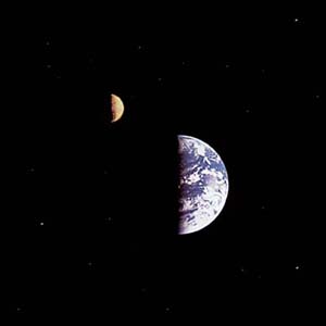 On December 16, 1992, Galileo took this picture of Earth and the Moon from 6.2 million kilometers